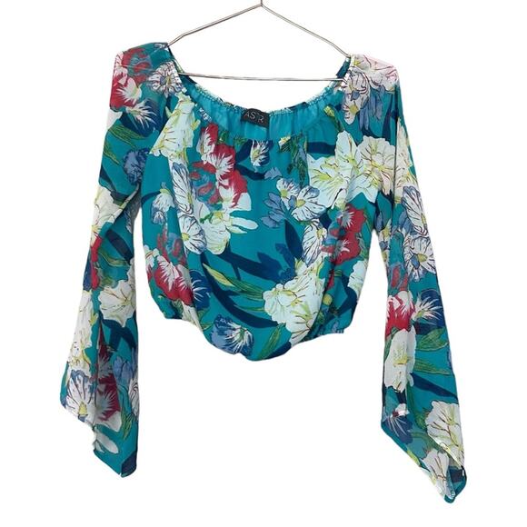 ASTR the Label Tops - ASTR Green Floral Off Shoulder Bell Sleeve Blouse - S